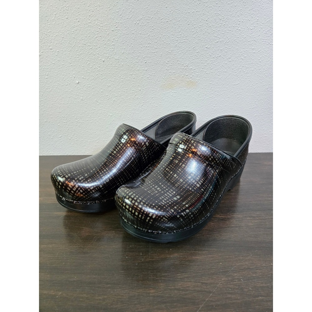 Dansko Professional Clogs Womens 37 Bronze Black Metallic Grid Leather Shoes